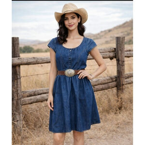 Old Navy Dress Chambray Fit & Flare Capped Sleeves Pockets Size 6 Classic Casual